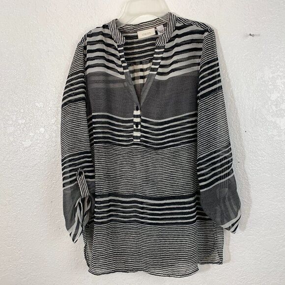 Chico's Semi-Sheer Striped 2 Button V neck Popover - Picture 1 of 9